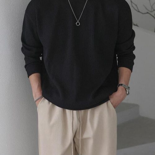 Ribbed Fabric Long Sleeve T-Shirt